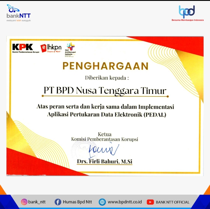 KPK Beri Penghargaan Untuk Bank NTT, Dirut : Terima kasih